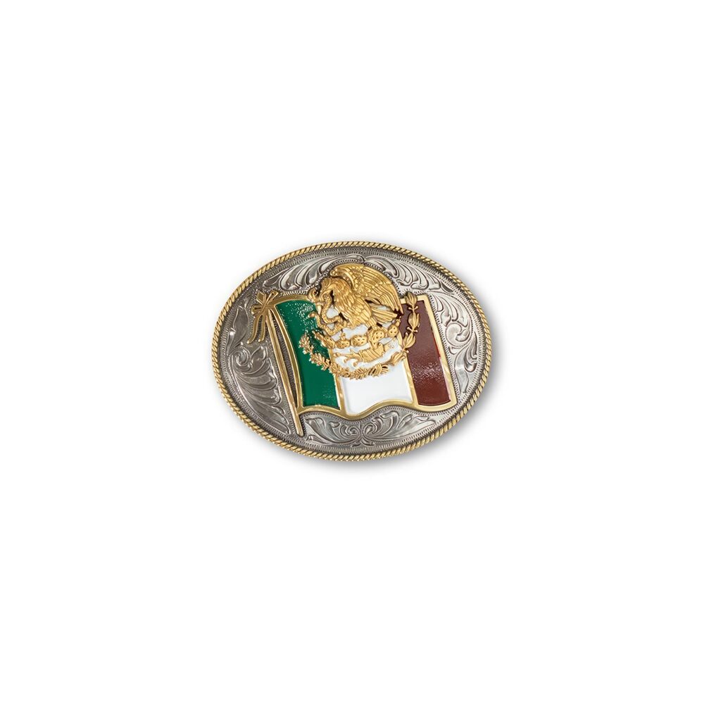 9057 Oval Buckle with Mexico Flag Motif, Rope Edge Detailing, Antique